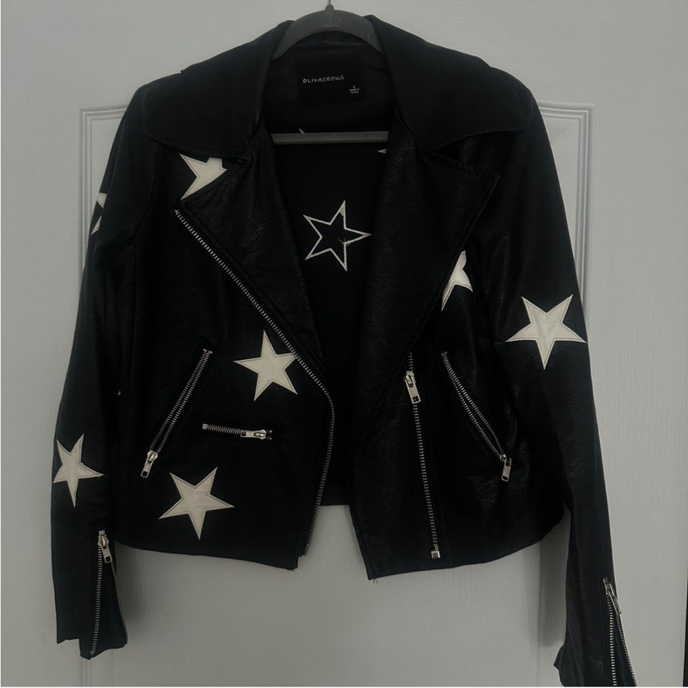 Olivaceous Black Leather Jacket with White Star Accents